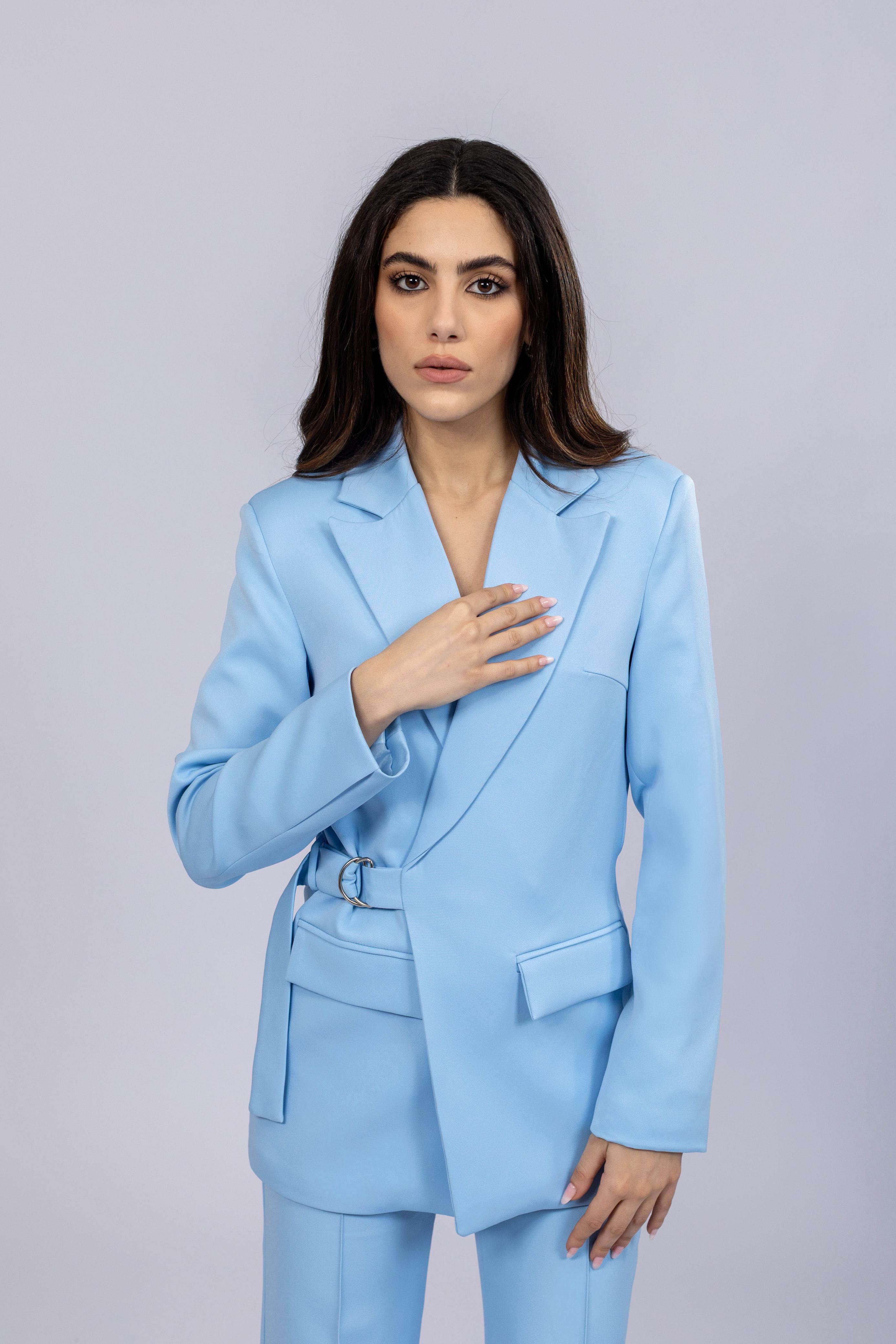 Metal Buckle Belted Suit - Light Blue
