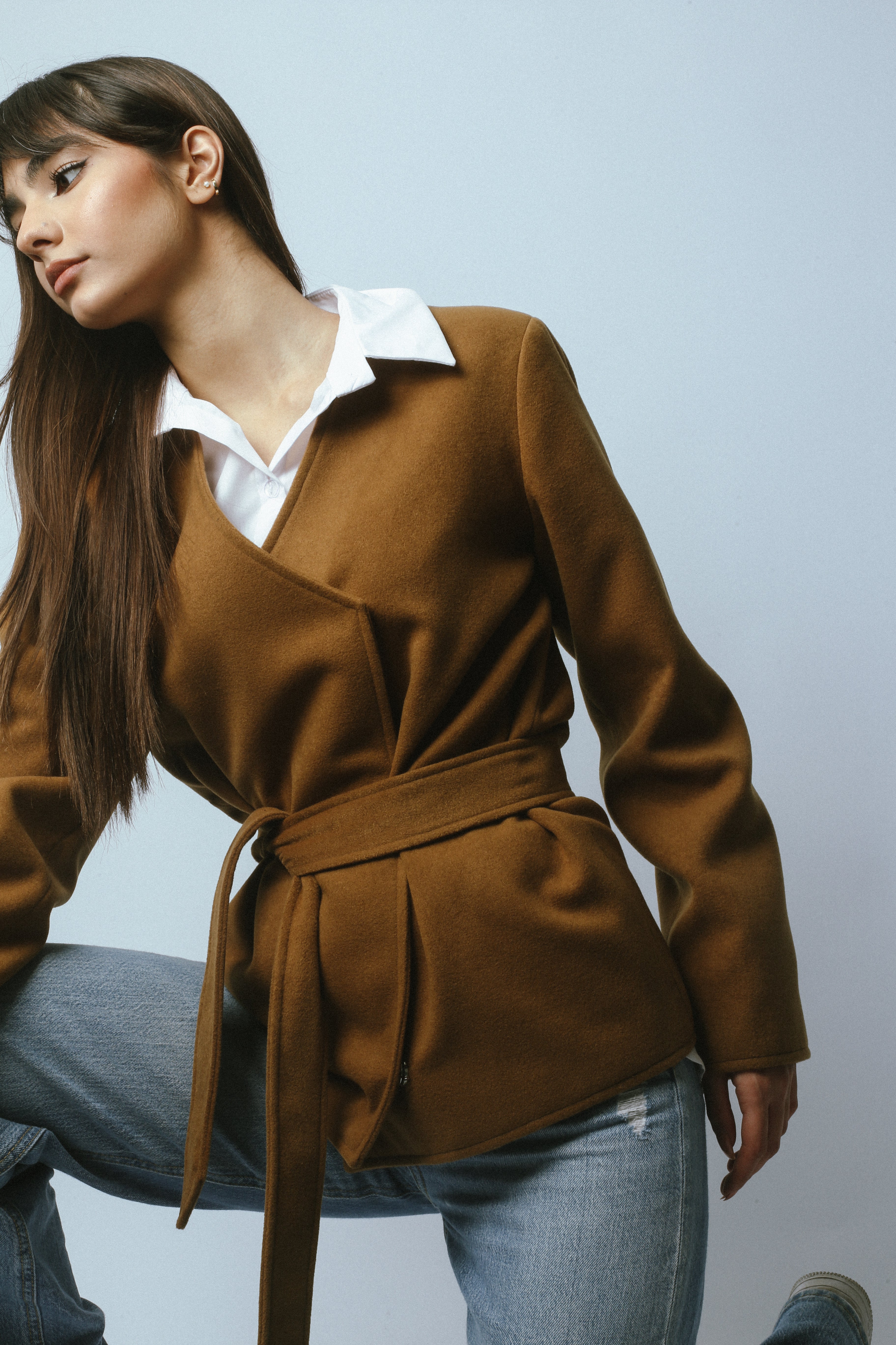 Wool Blend V-neck Blazer - Camel