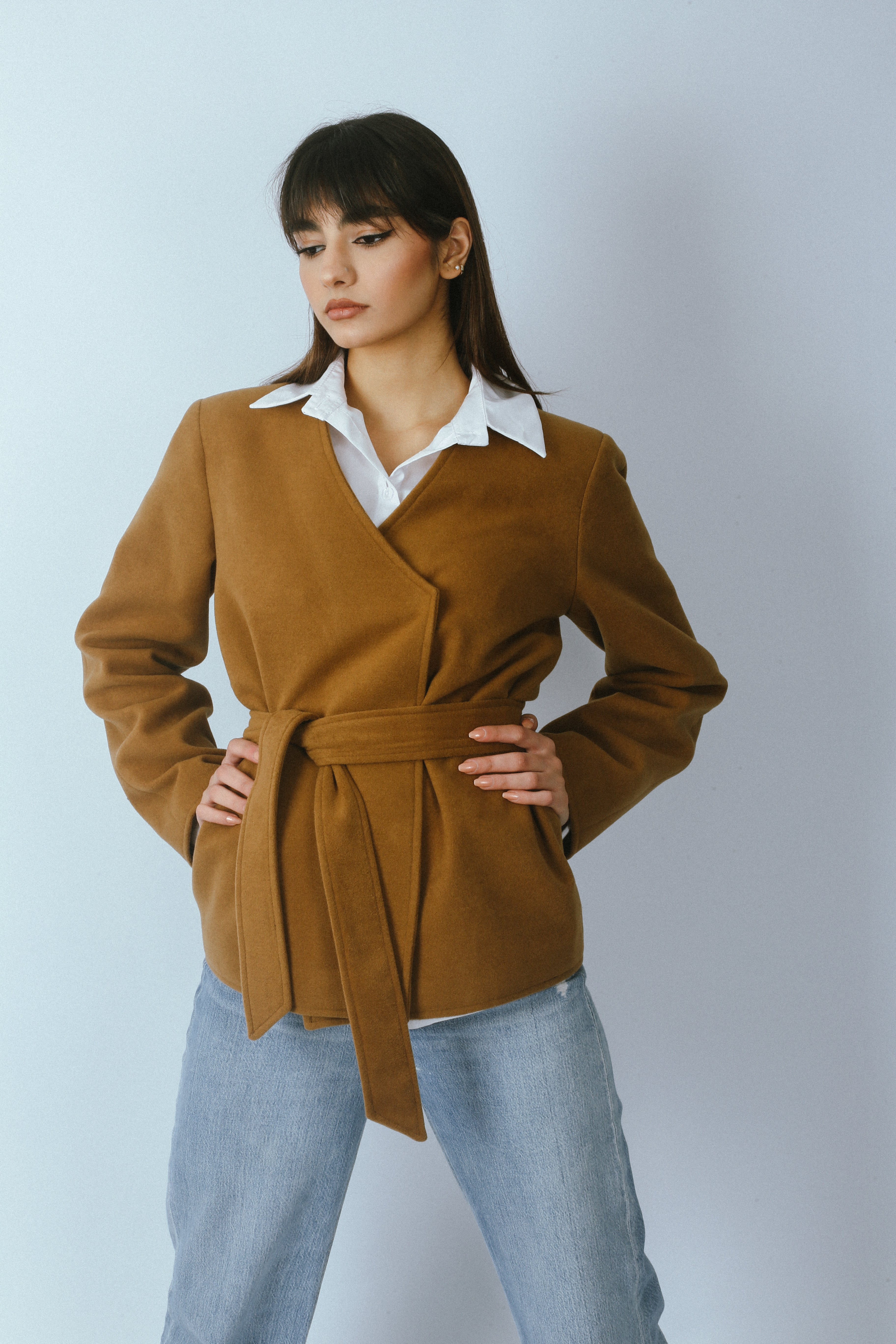Wool Blend V-neck Blazer - Camel