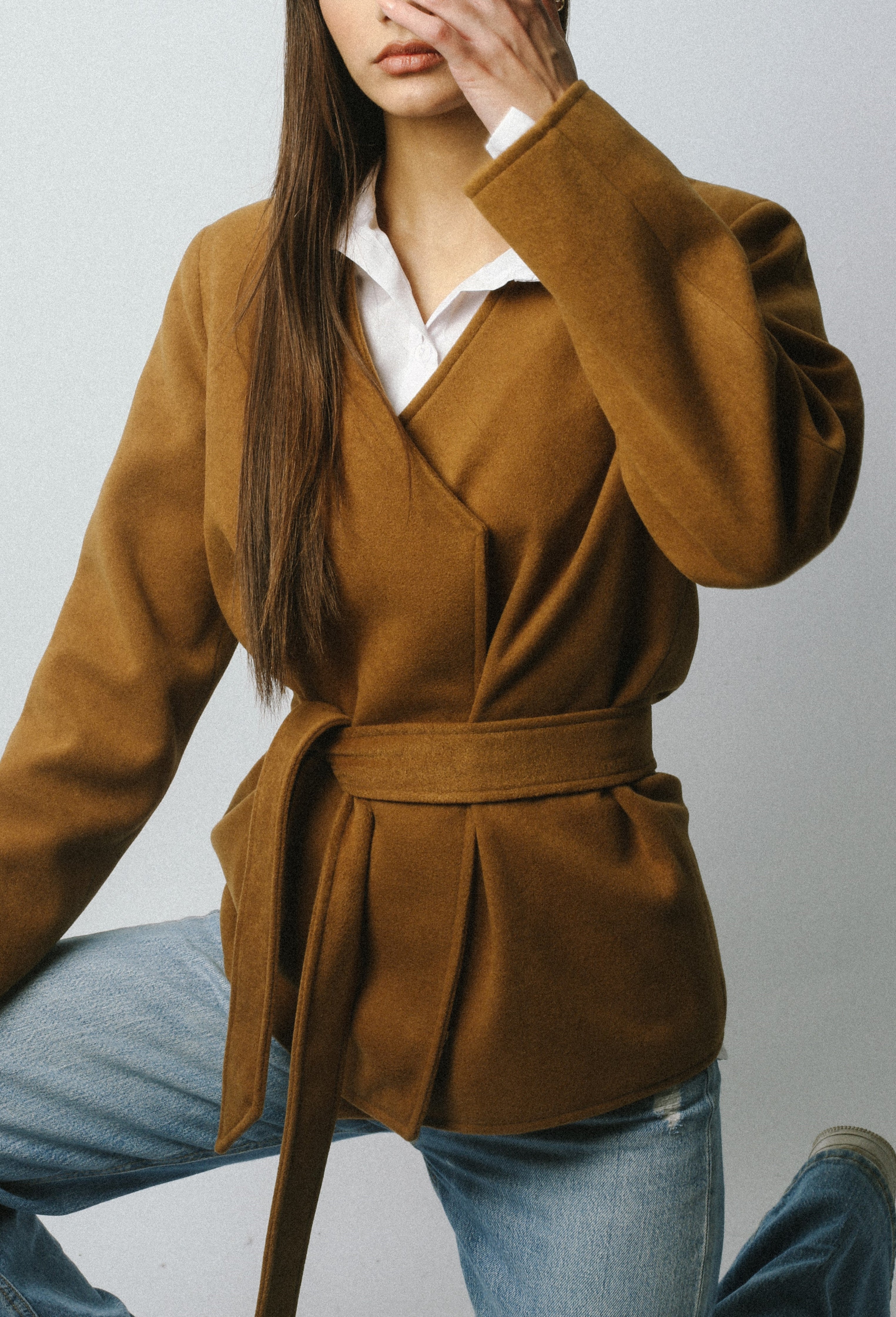 Wool Blend V-neck Blazer - Camel