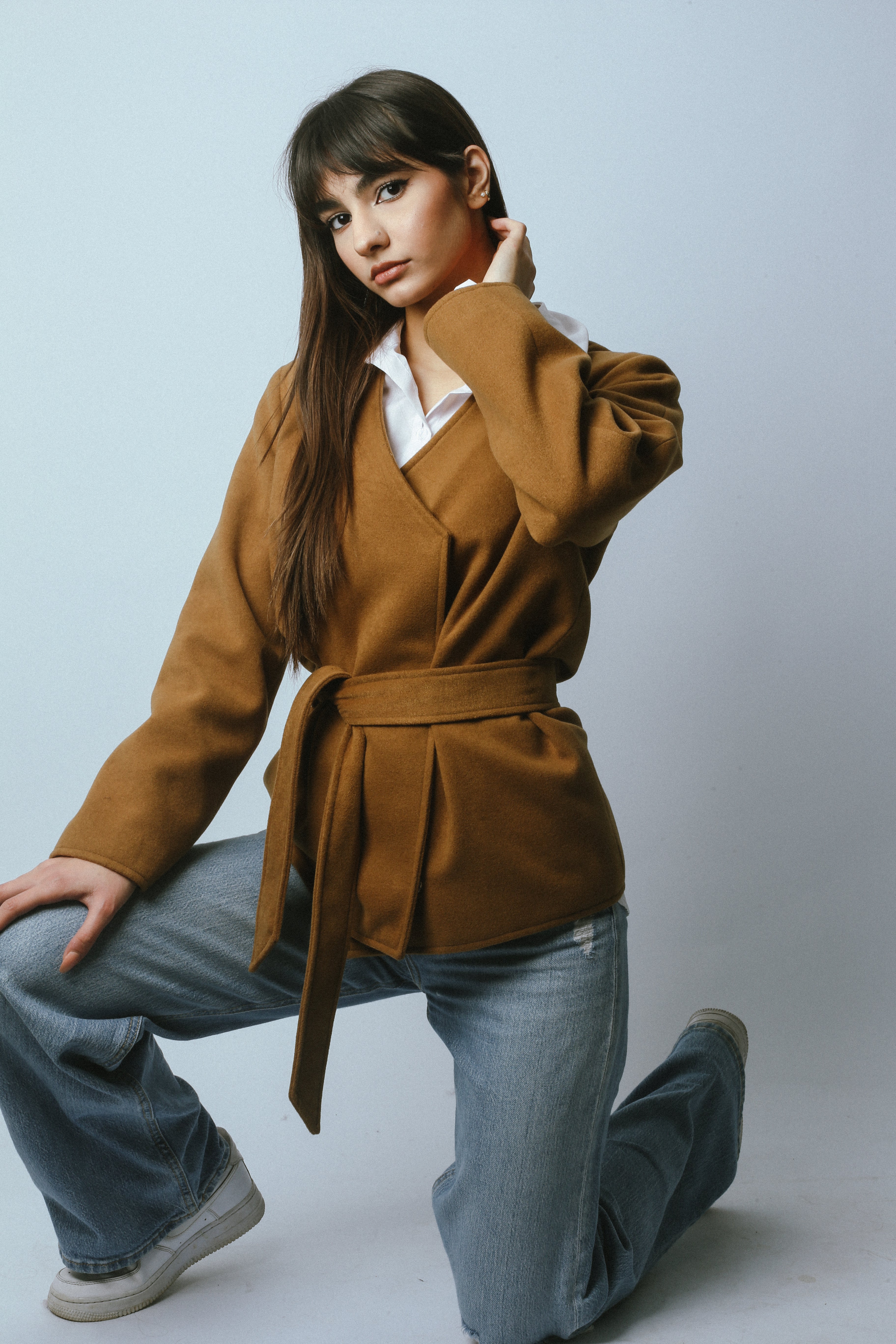 Wool Blend V-neck Blazer - Camel