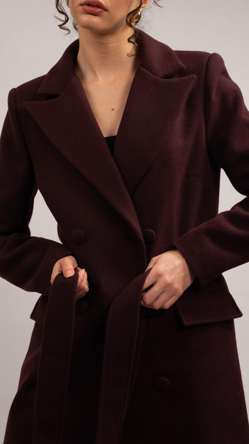 Wool Blend Double-breasted Coat - Aubergine