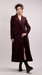 Wool Blend Double-breasted Coat - Aubergine