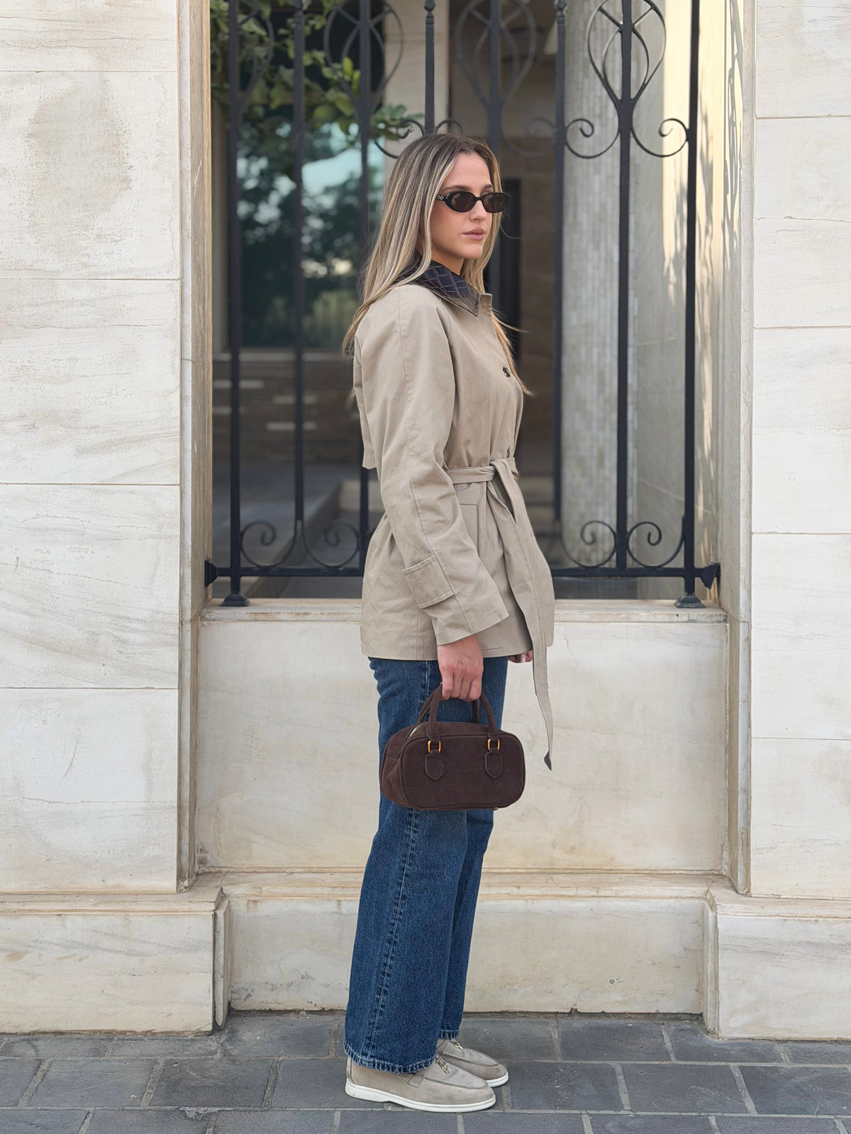 Belted Trench Coat with Contrast Faux Leather Collar - Beige