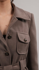 Wool Blend Button Belted Jacket - Choco