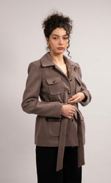 Wool Blend Button Belted Jacket - Choco