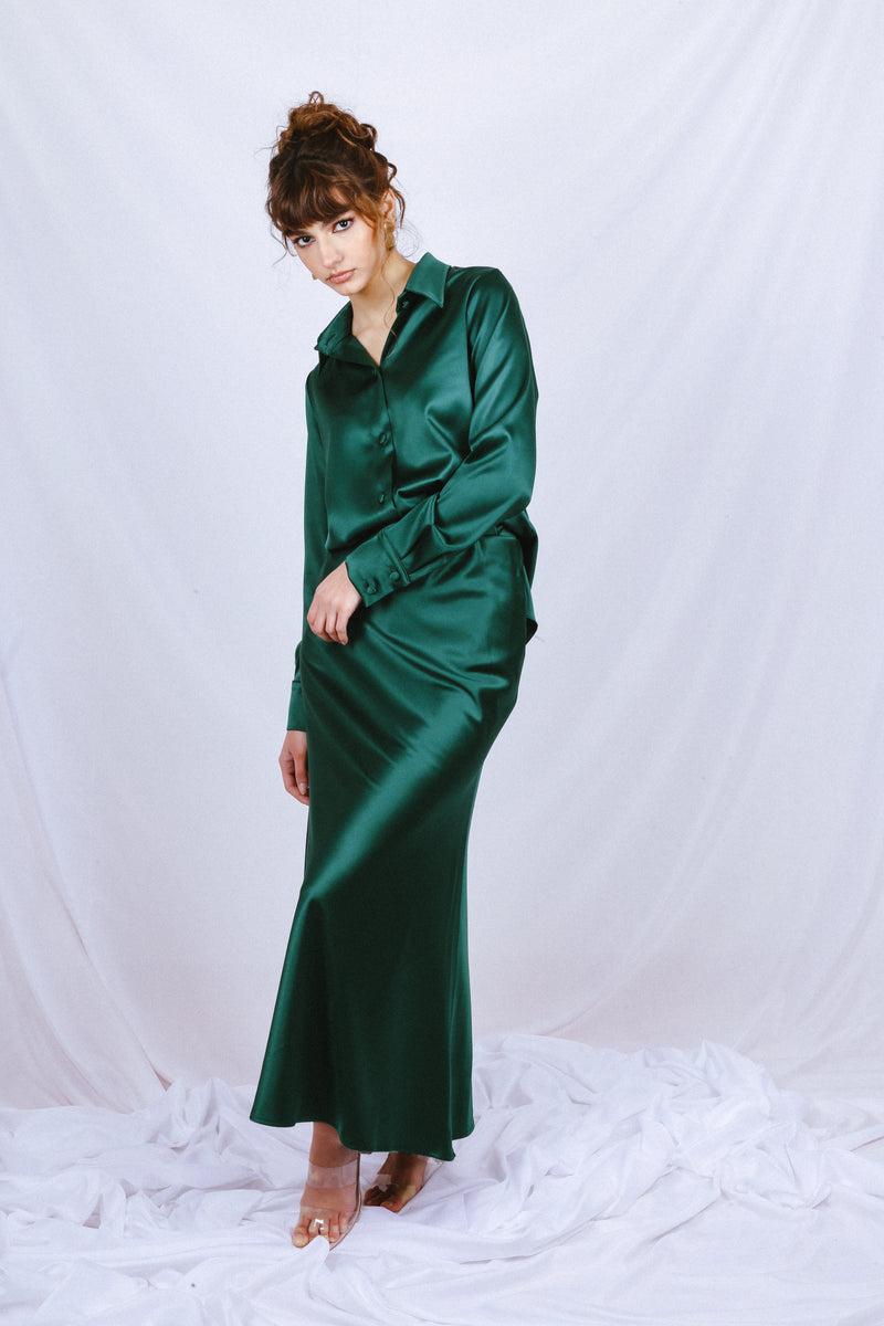 Satin Shirt and skirt CO-ORD - Emerald Green