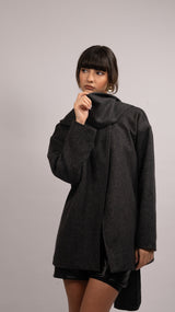 Wool Blend Scarf Coat - Grey