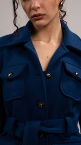 Wool Blend Button Belted Jacket - Royal Blue