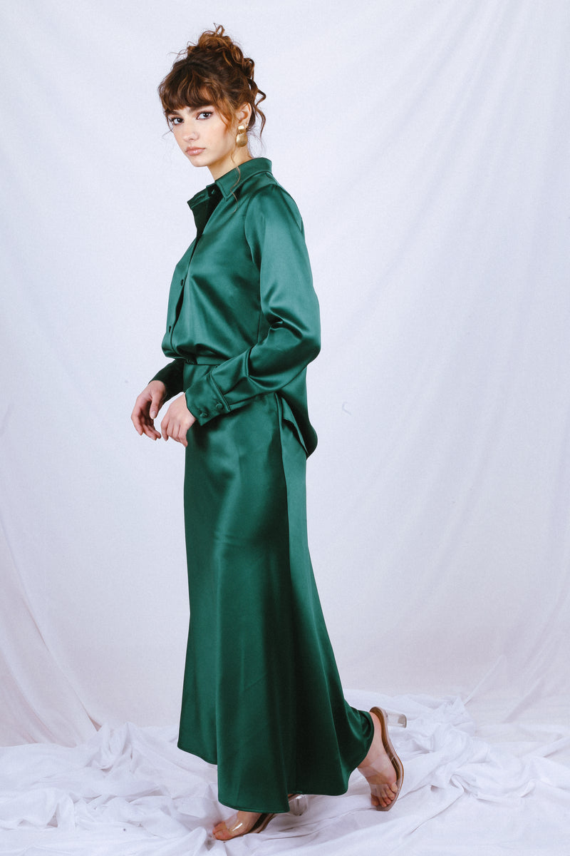 Satin Shirt and skirt CO-ORD - Emerald Green