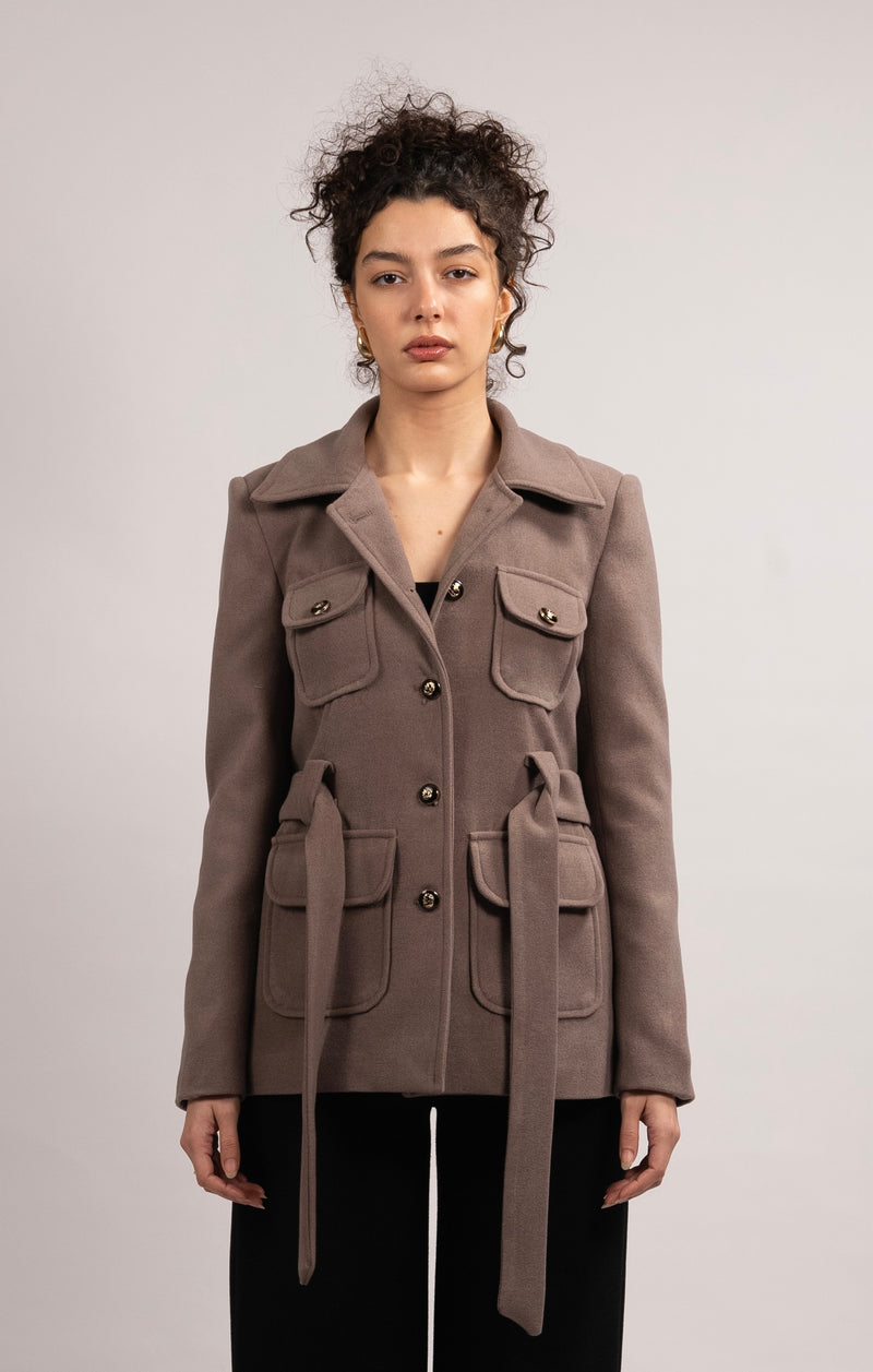 Wool Blend Button Belted Jacket - Choco