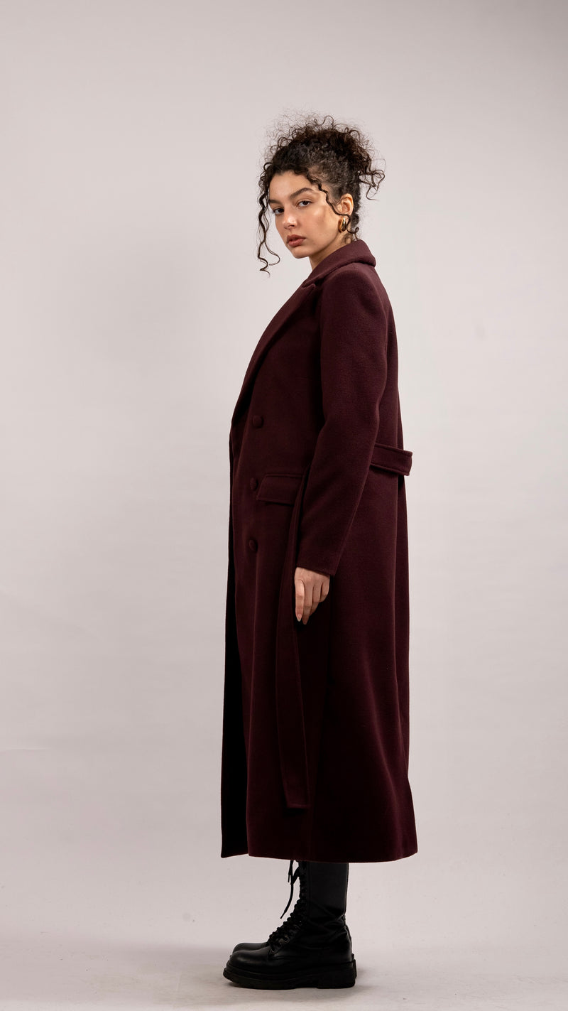 Wool Blend Double-breasted Coat - Aubergine