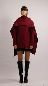 Wool Blend Scarf Coat - Burgundy