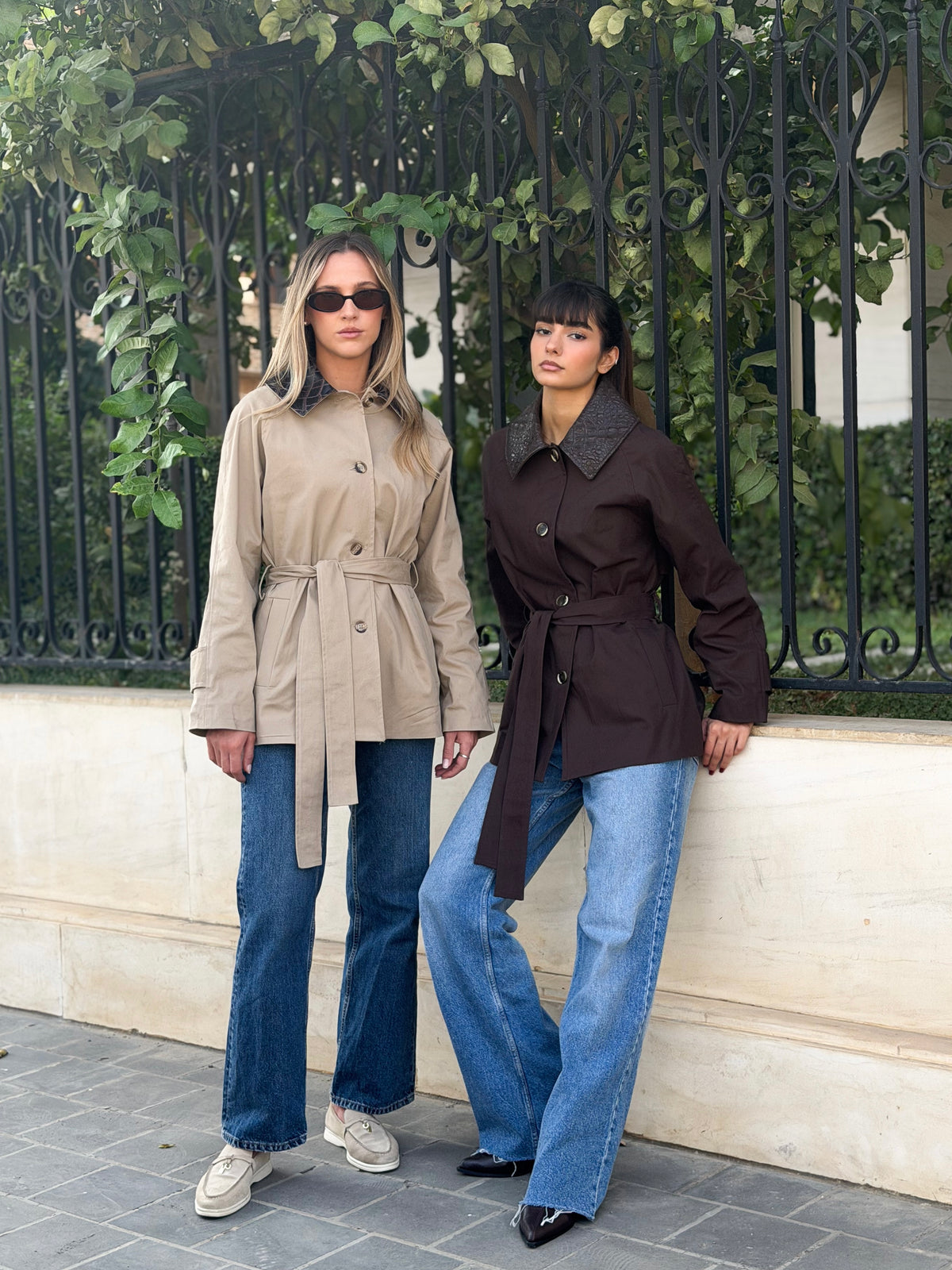 Belted Trench Coat with Contrast Faux Leather Collar - Beige