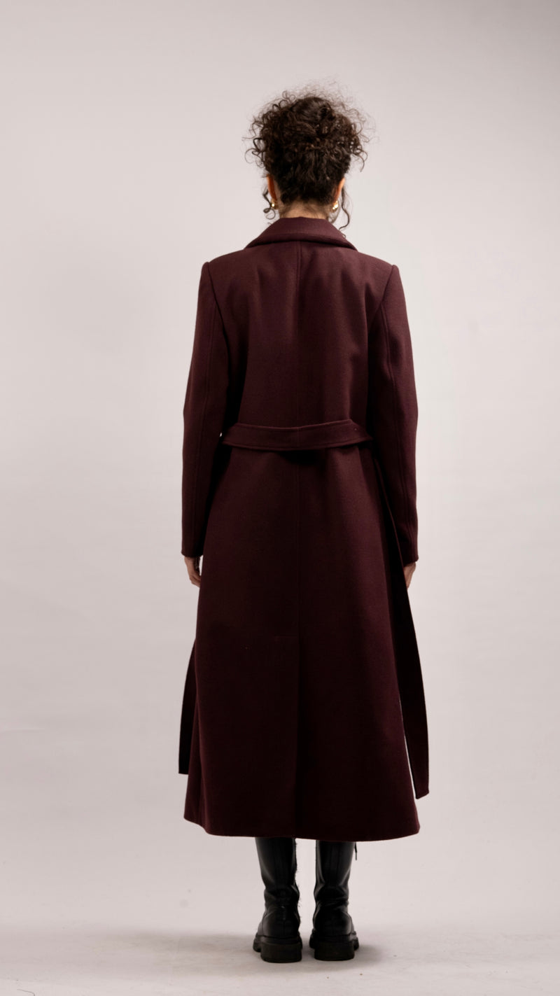 Wool Blend Double-breasted Coat - Aubergine