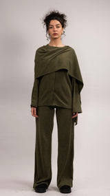 Wool Scarf Cardigan Set - Olive Green