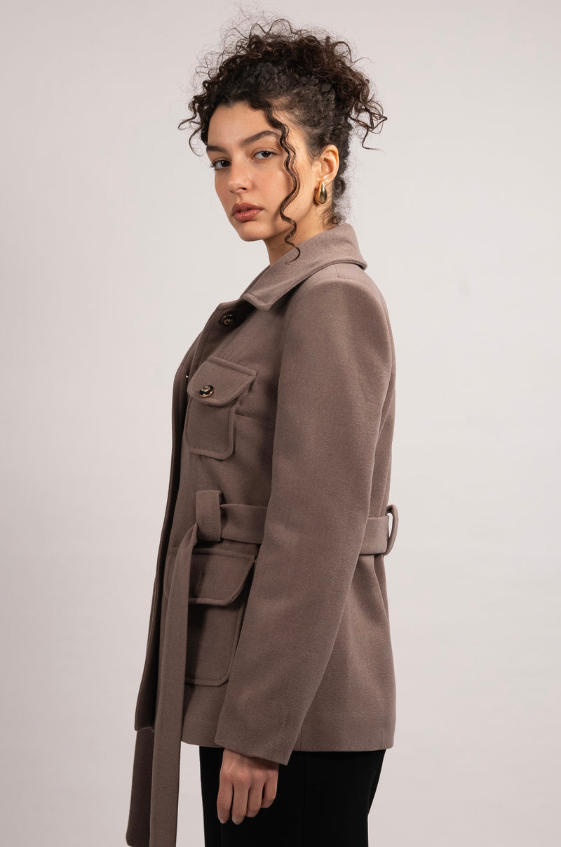 Wool Blend Button Belted Jacket - Choco