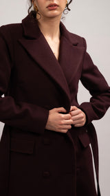 Wool Blend Double-breasted Coat - Aubergine