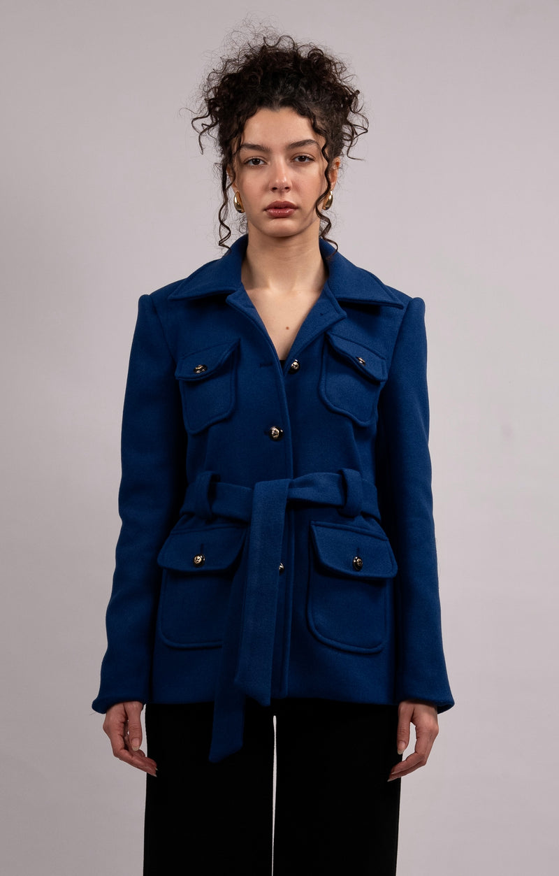 Wool Blend Button Belted Jacket - Royal Blue