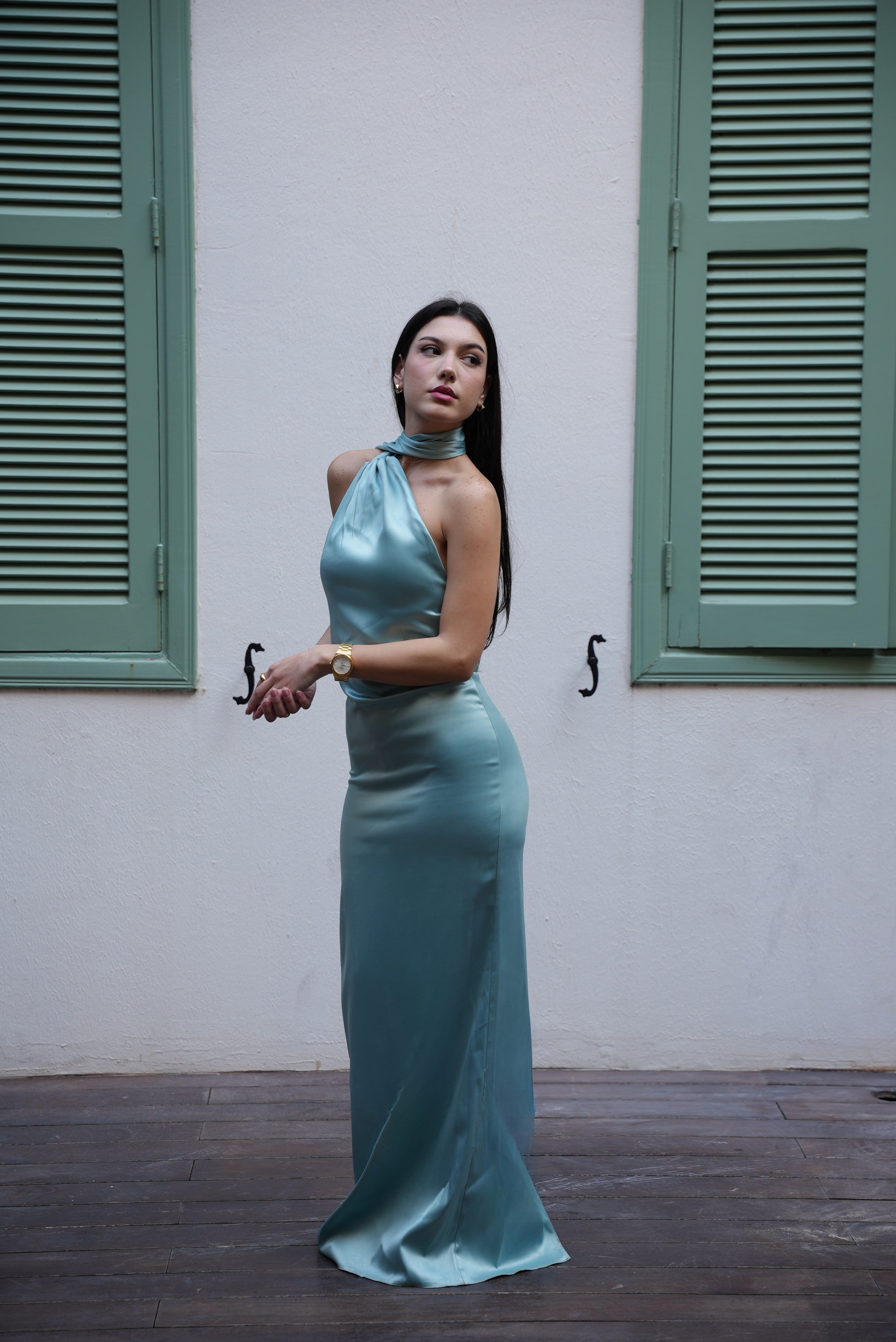 teal asymmetrical dress Reiss Kenzie Satin Asymmetric Draped Midi Dress