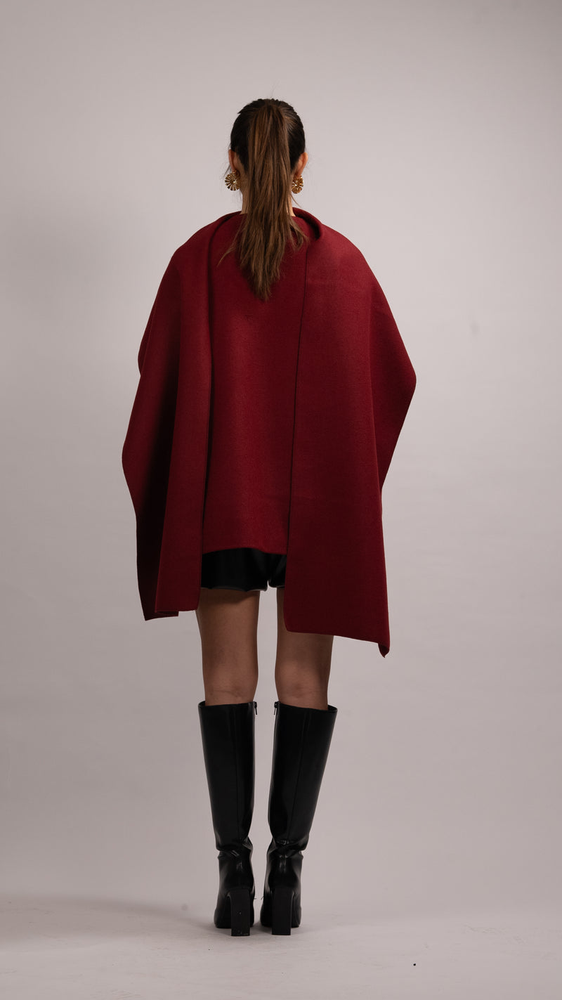 Wool Blend Scarf Coat - Burgundy