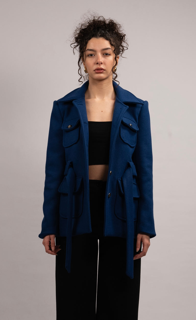 Wool Blend Button Belted Jacket - Royal Blue