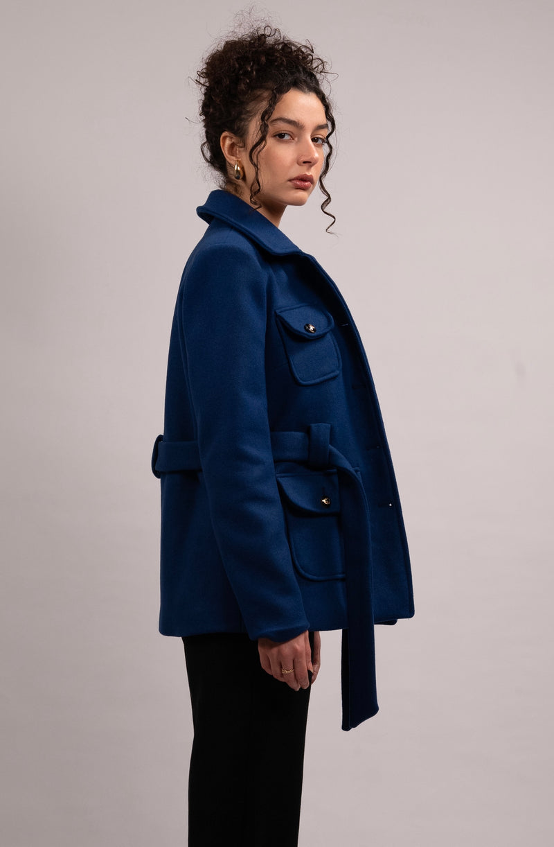 Wool Blend Button Belted Jacket - Royal Blue