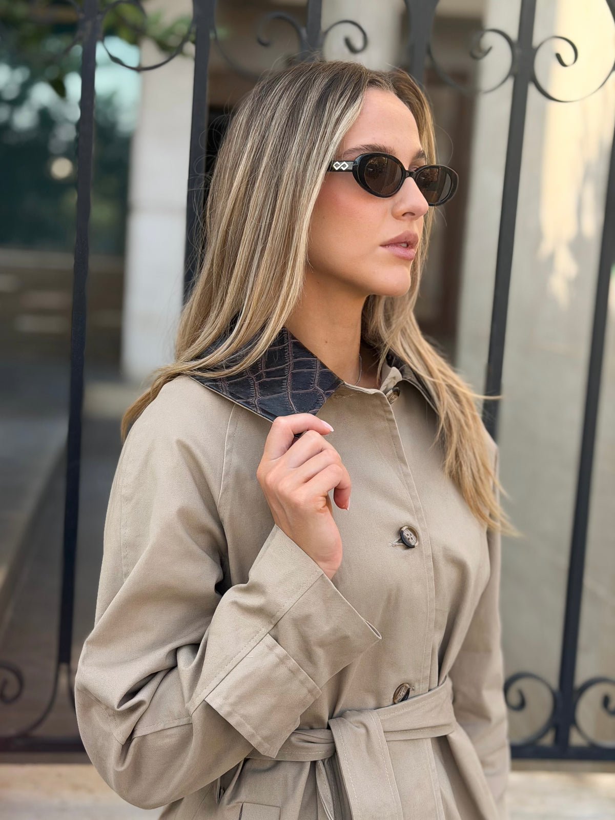 Belted Trench Coat with Contrast Faux Leather Collar - Beige