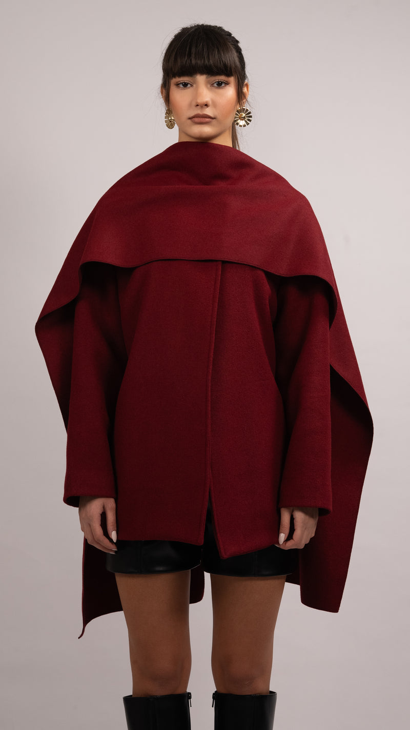 Wool Blend Scarf Coat - Burgundy