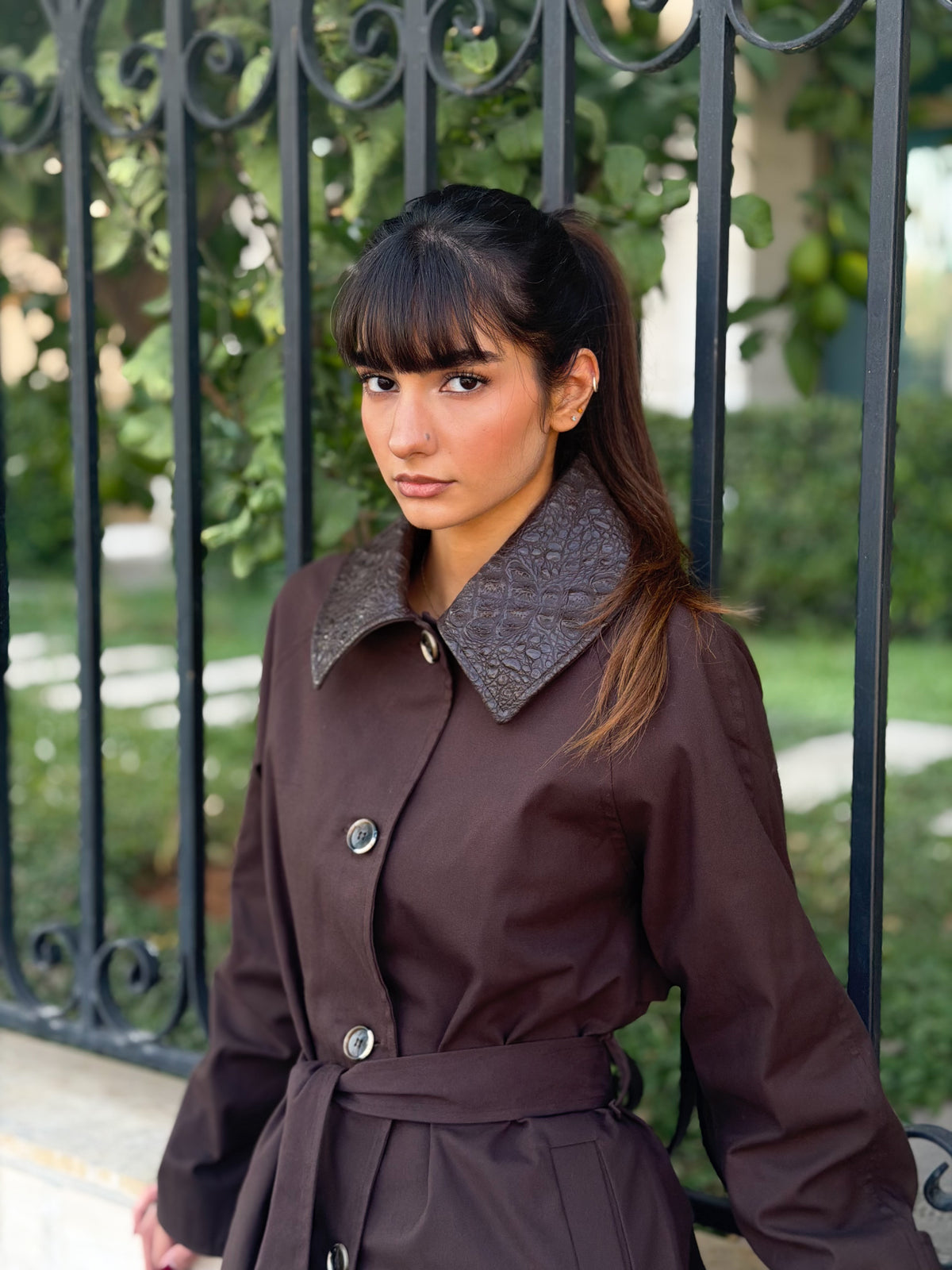 Belted Trench Coat with Contrast Faux Leather Collar - Brown