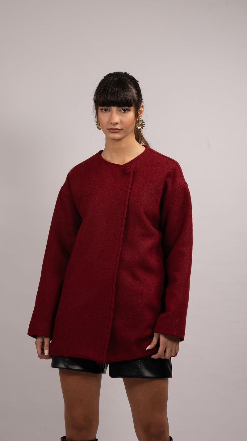 Wool Blend Scarf Coat - Burgundy