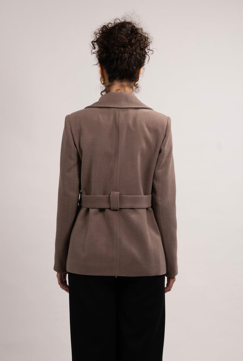 Wool Blend Button Belted Jacket - Choco