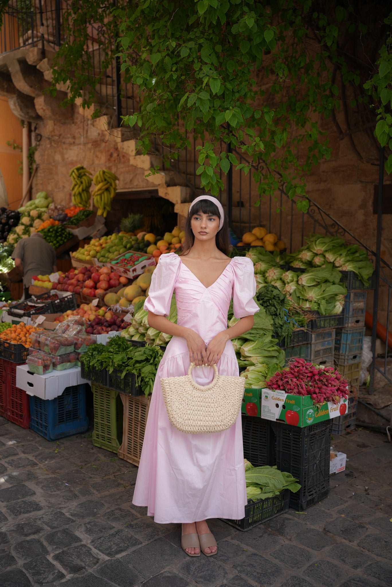 Poplin Pleated Midi Dress - Pink