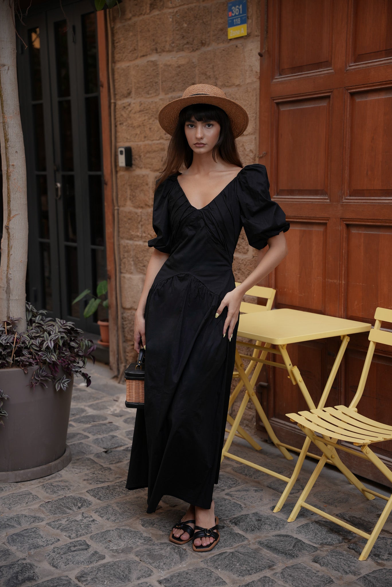 Poplin Pleated Midi Dress - Black
