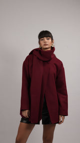 Wool Blend Scarf Coat - Burgundy