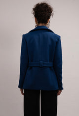 Wool Blend Button Belted Jacket - Royal Blue