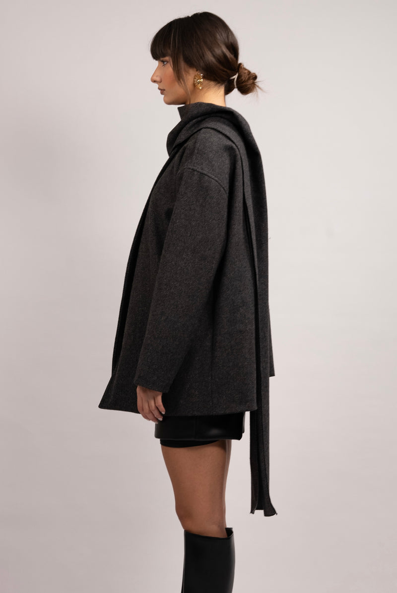 Wool Blend Scarf Coat - Grey