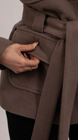 Wool Blend Button Belted Jacket - Choco