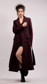 Wool Blend Double-breasted Coat - Aubergine