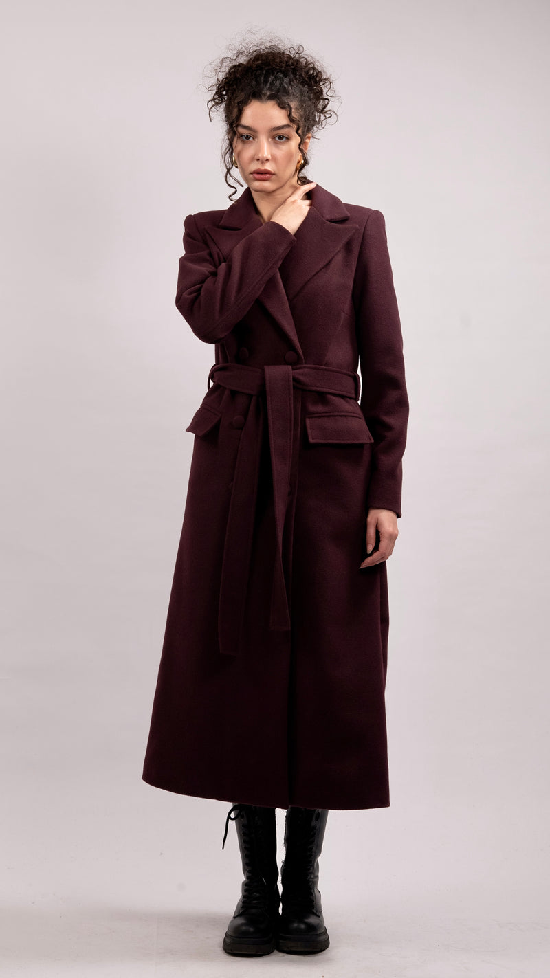 Wool Blend Double-breasted Coat - Aubergine