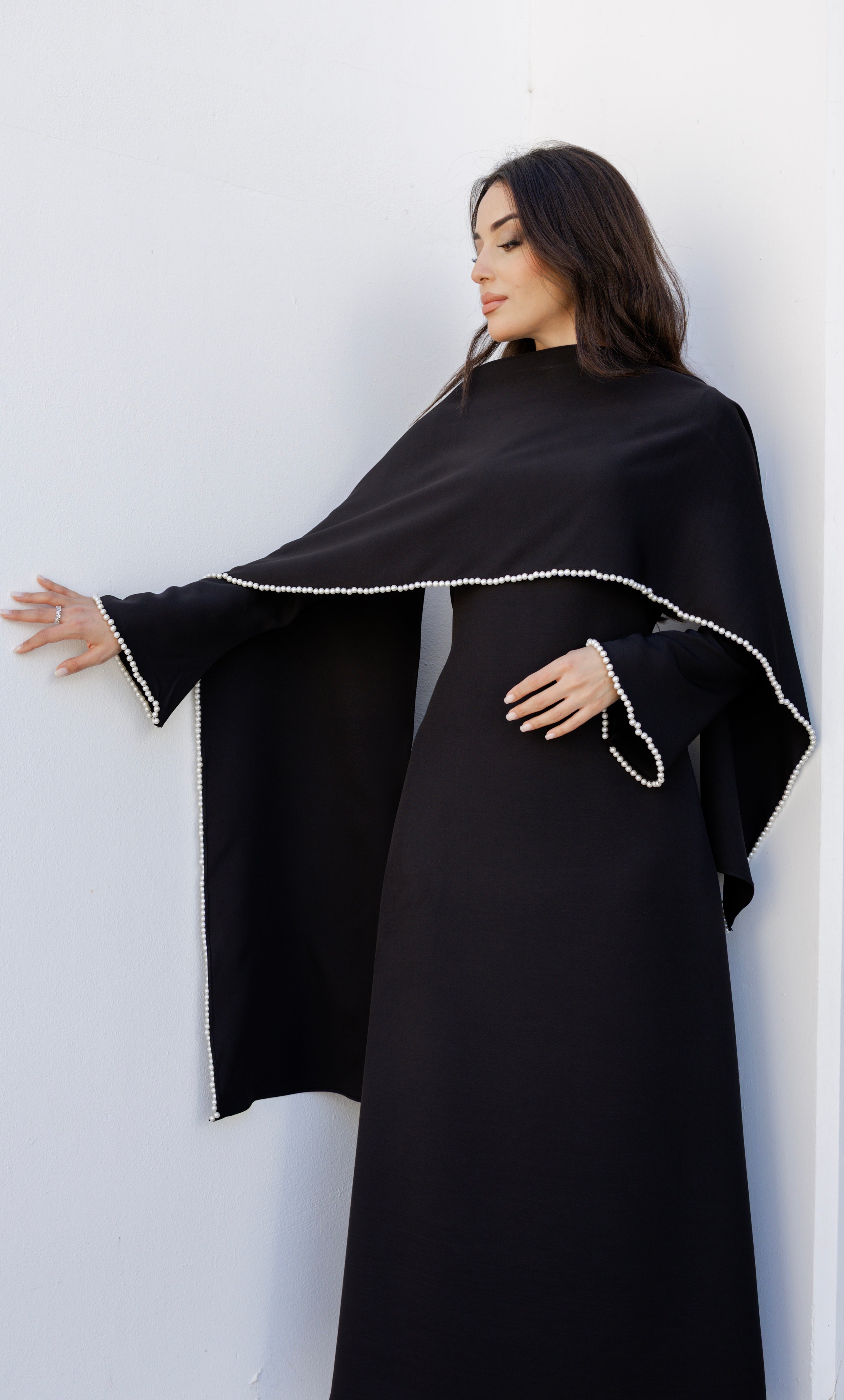 Pearls Scarf Abaya Dress - Black