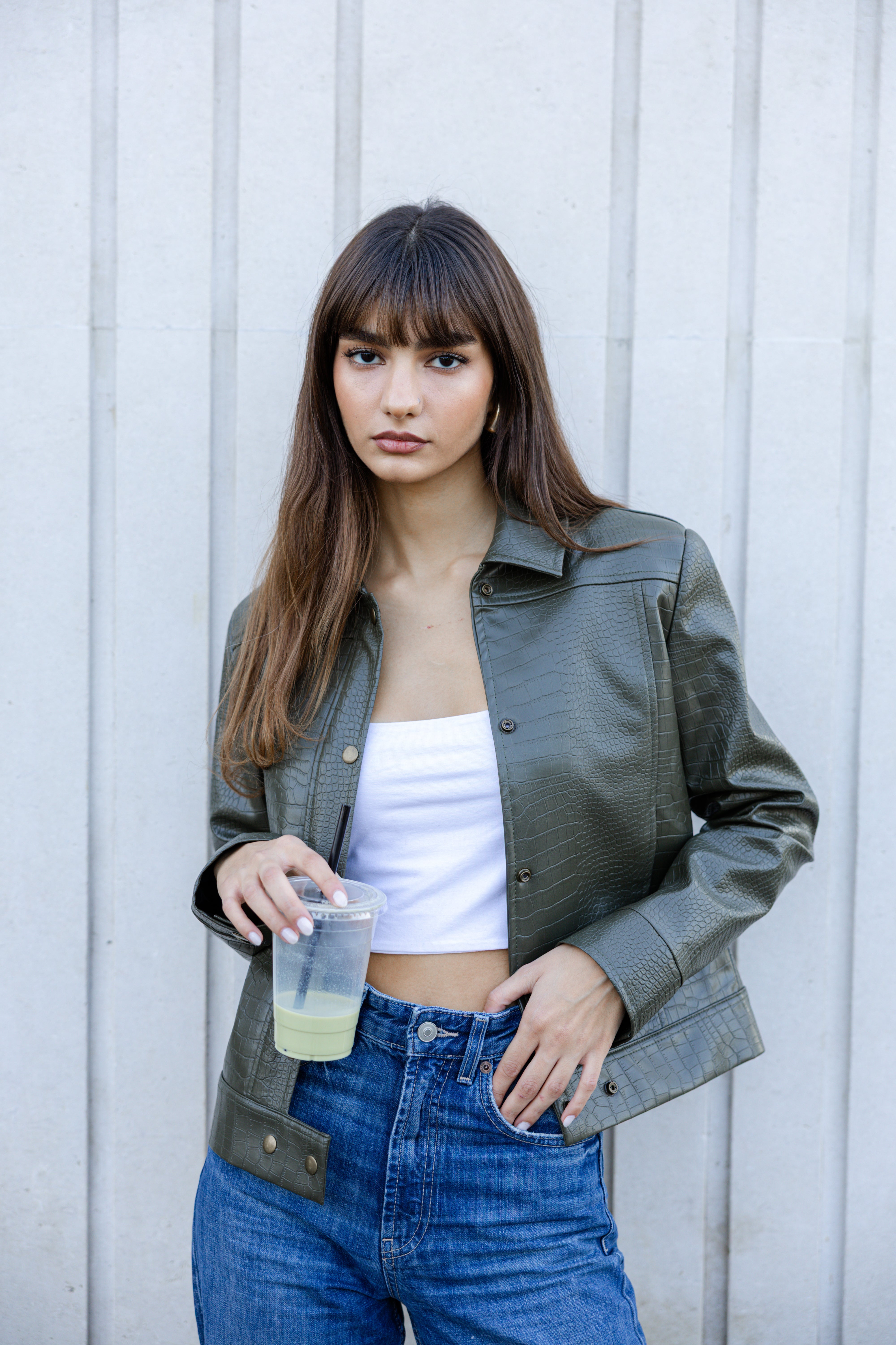 Croco Leather Jacket - Olive Green