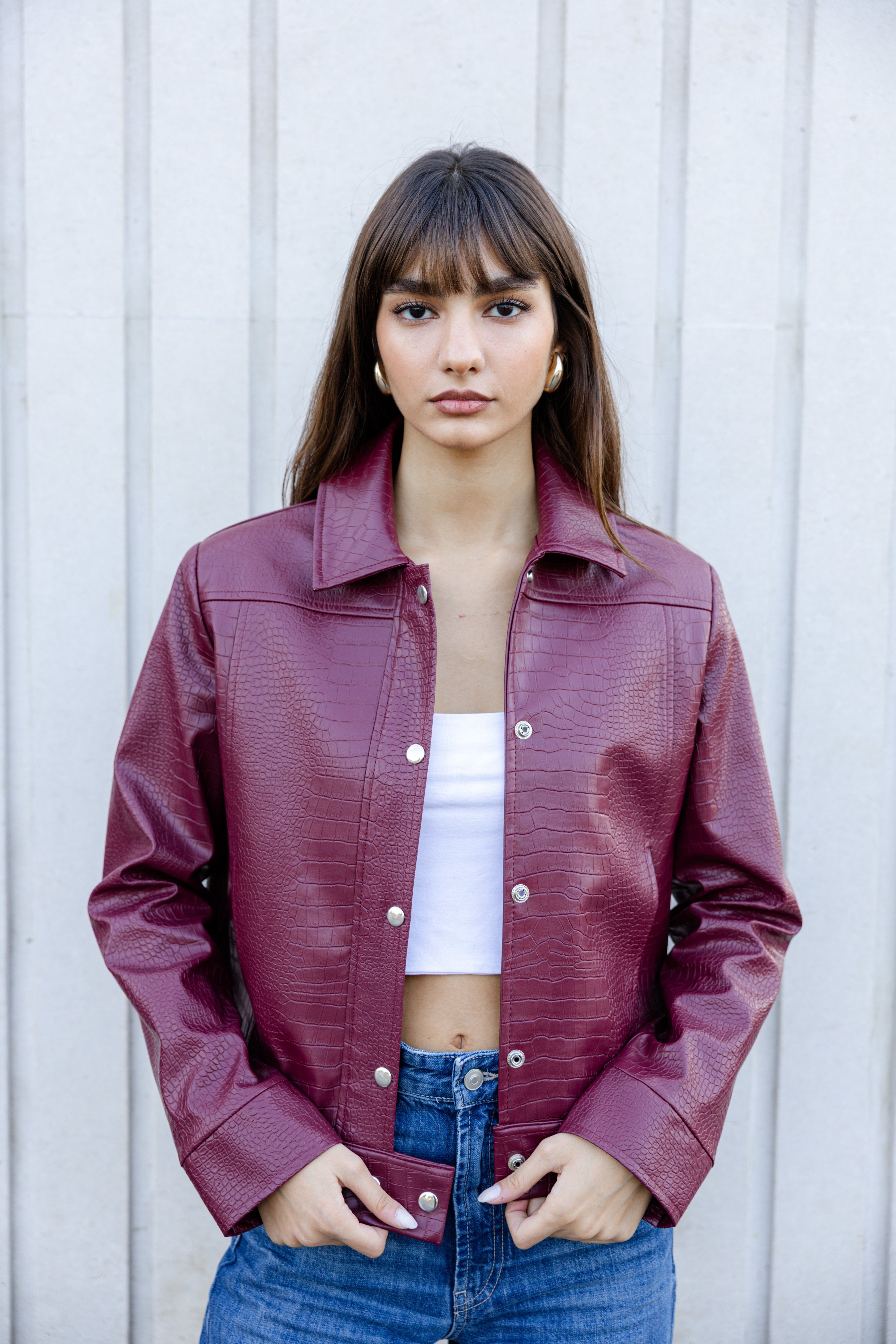 Croco Leather Jacket - Burgundy