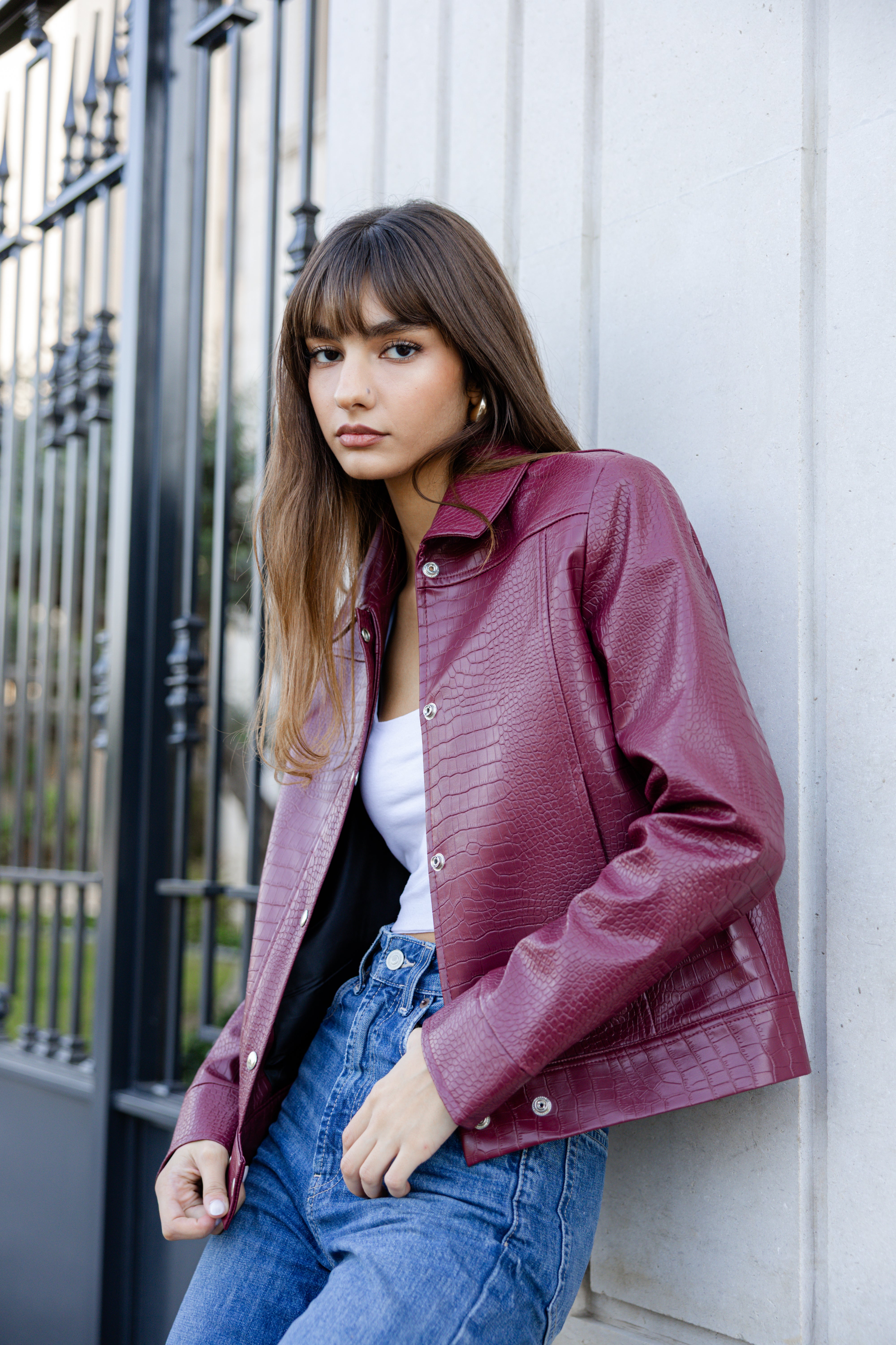 Croco Leather Jacket - Burgundy