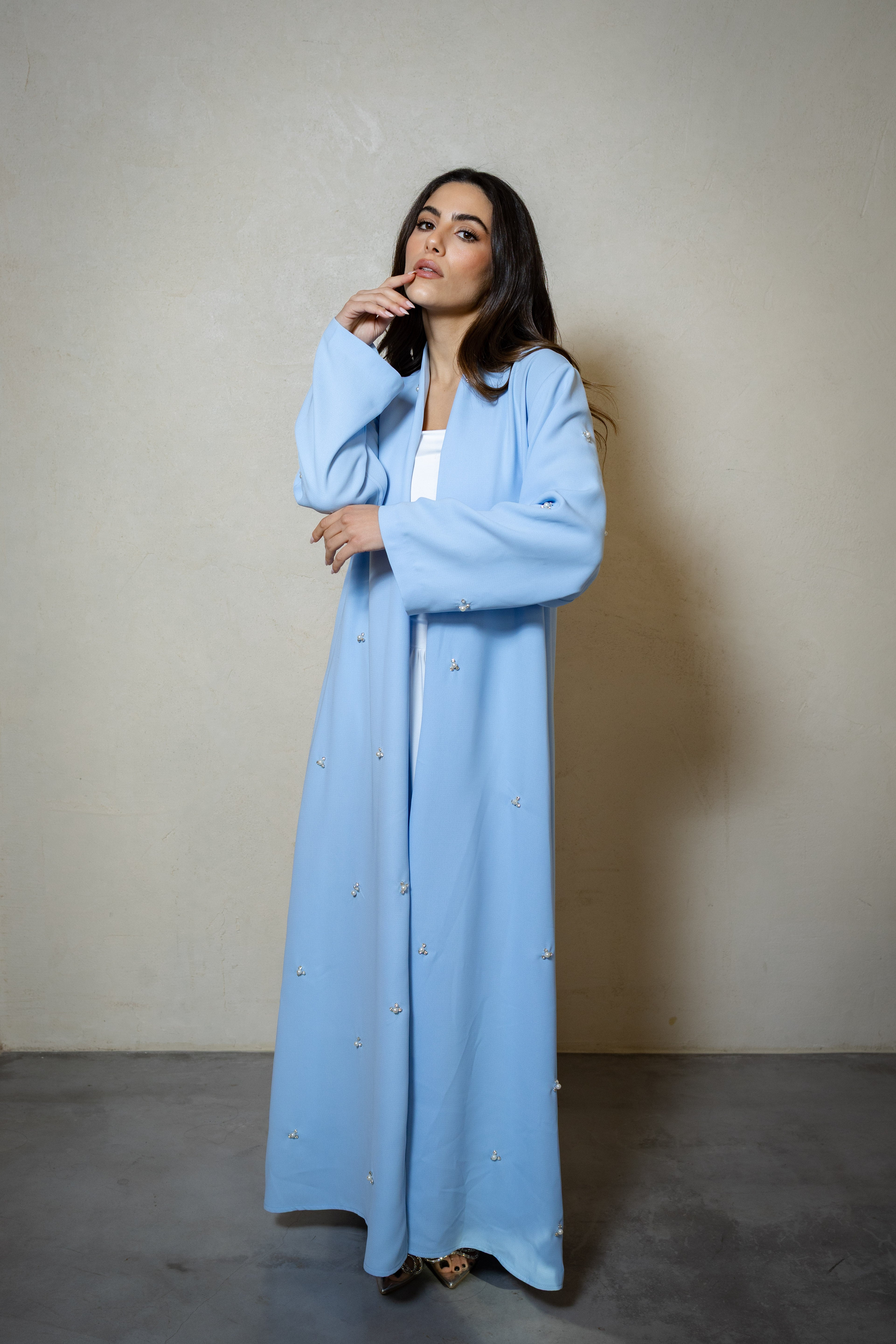 Rhinestones & Pearls Abaya - Light Blue