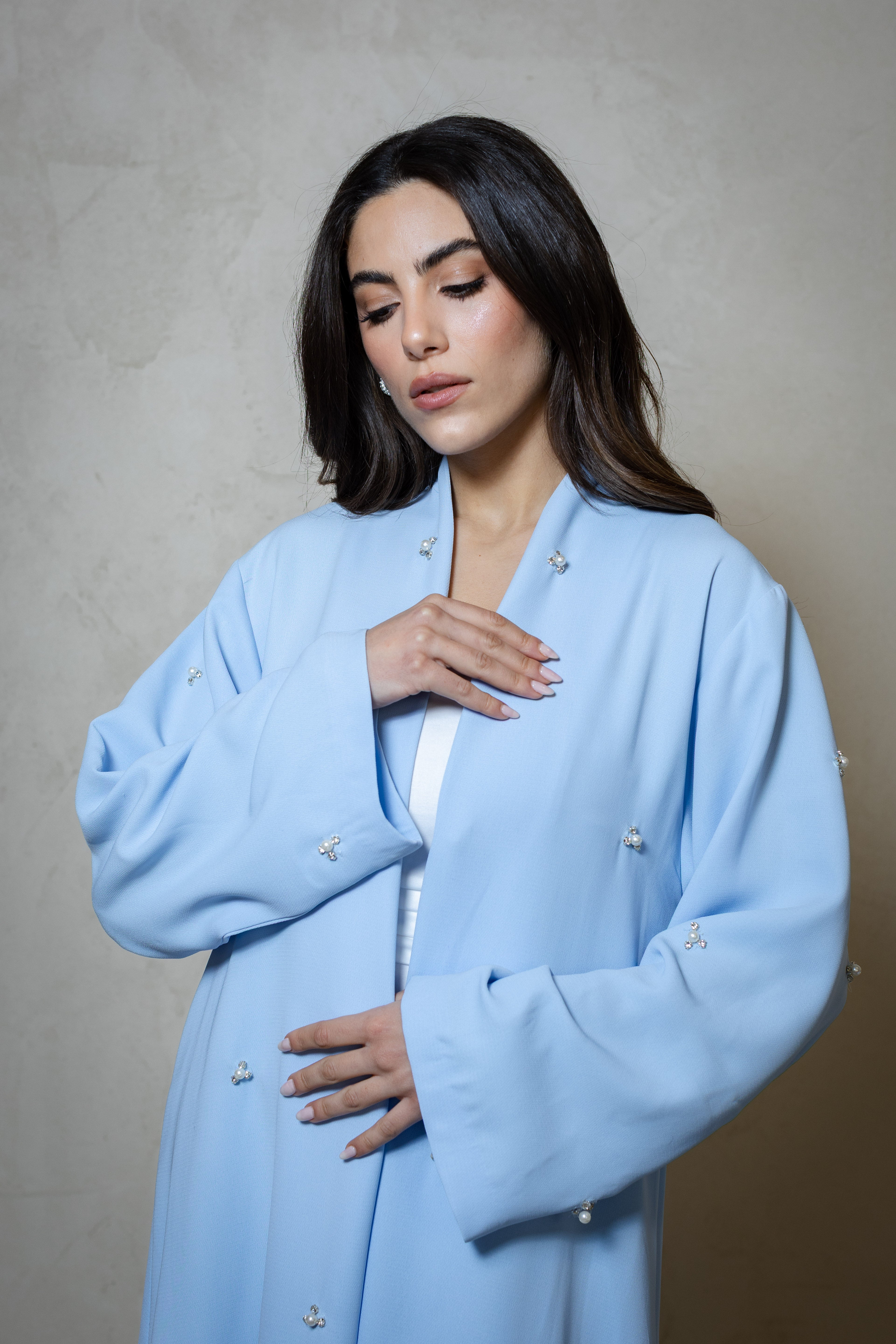 Rhinestones & Pearls Abaya - Light Blue