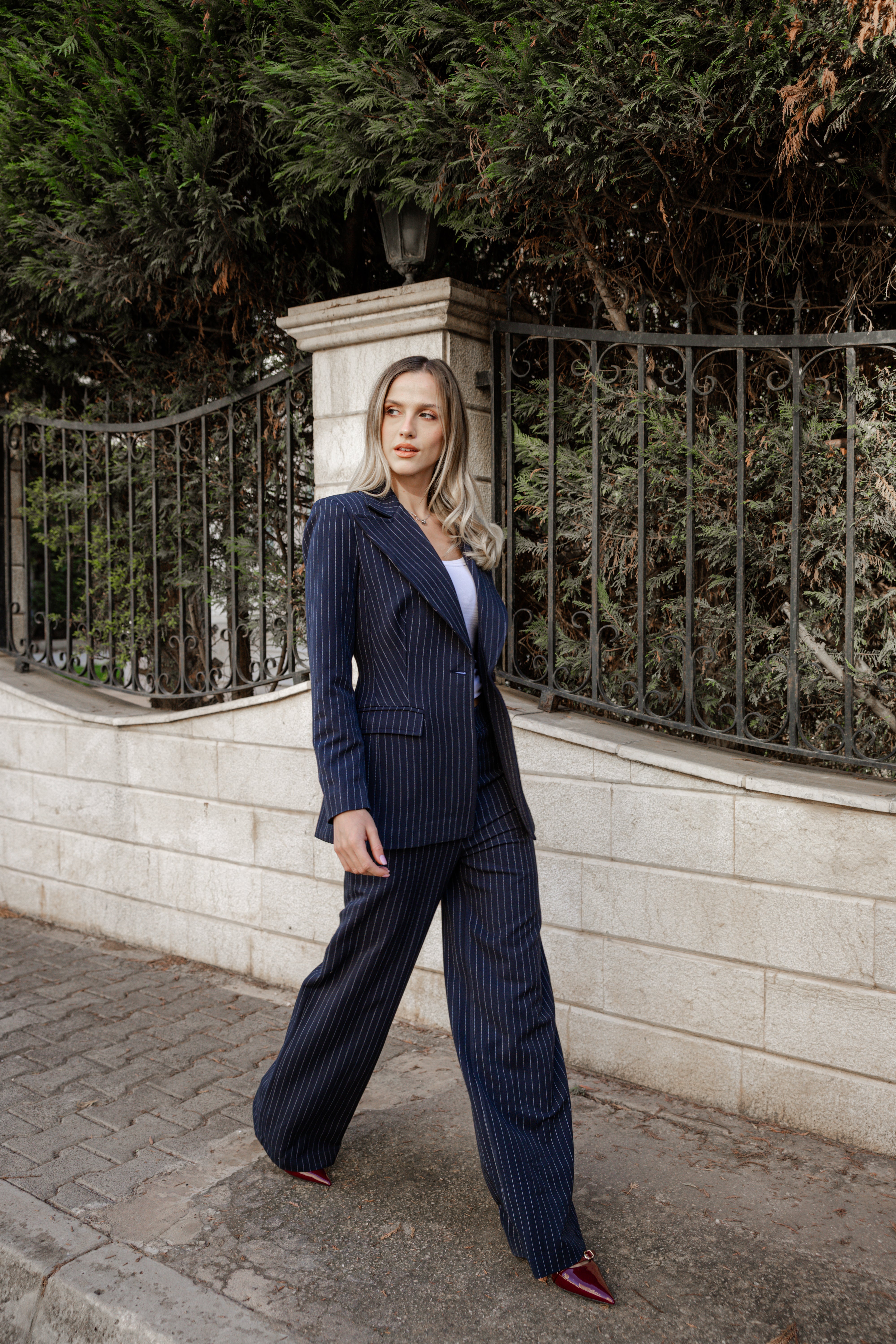 Pinstripe Blazer Suit - Navy Blue
