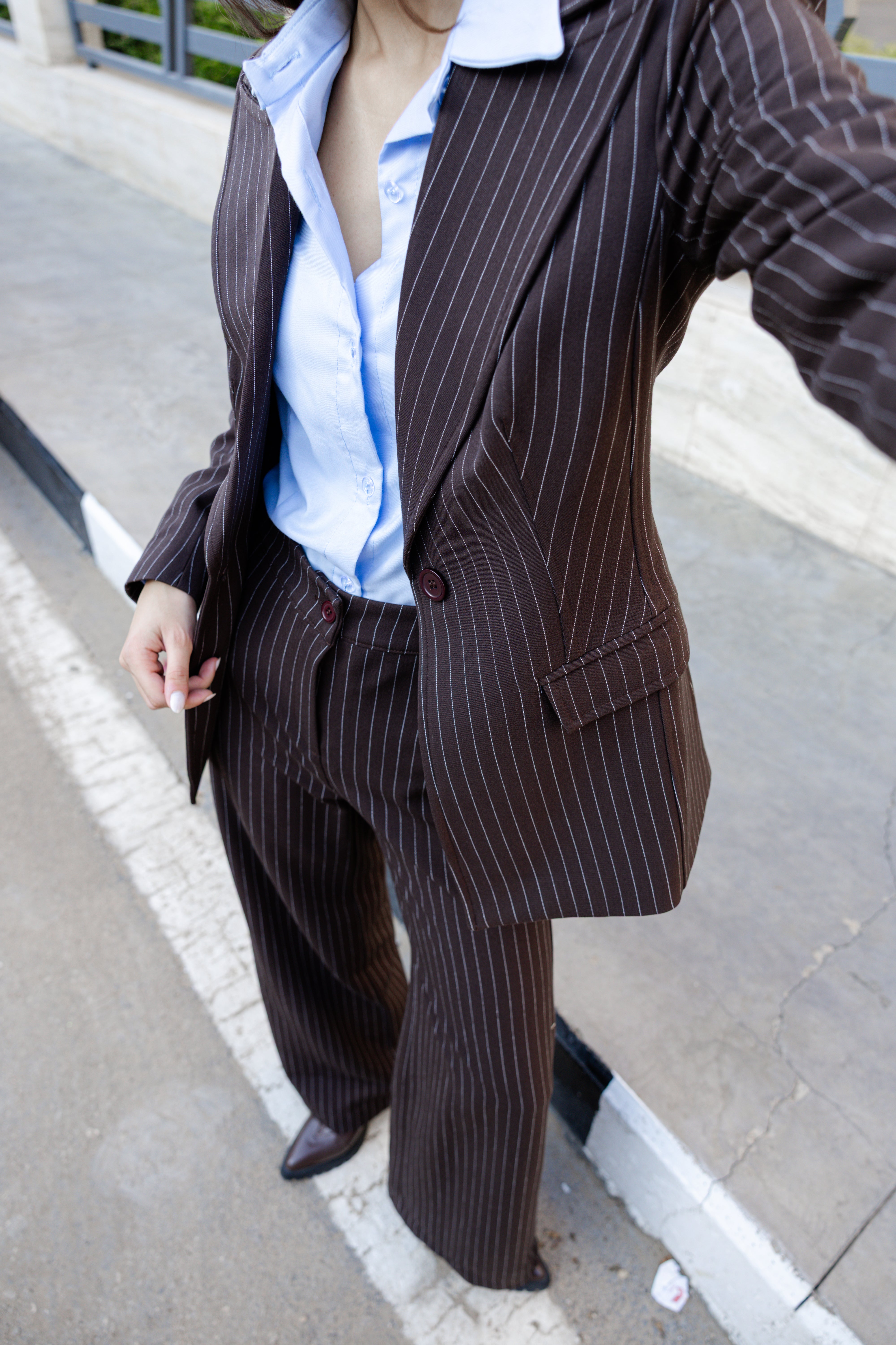 Pinstripe Blazer Suit - Brown