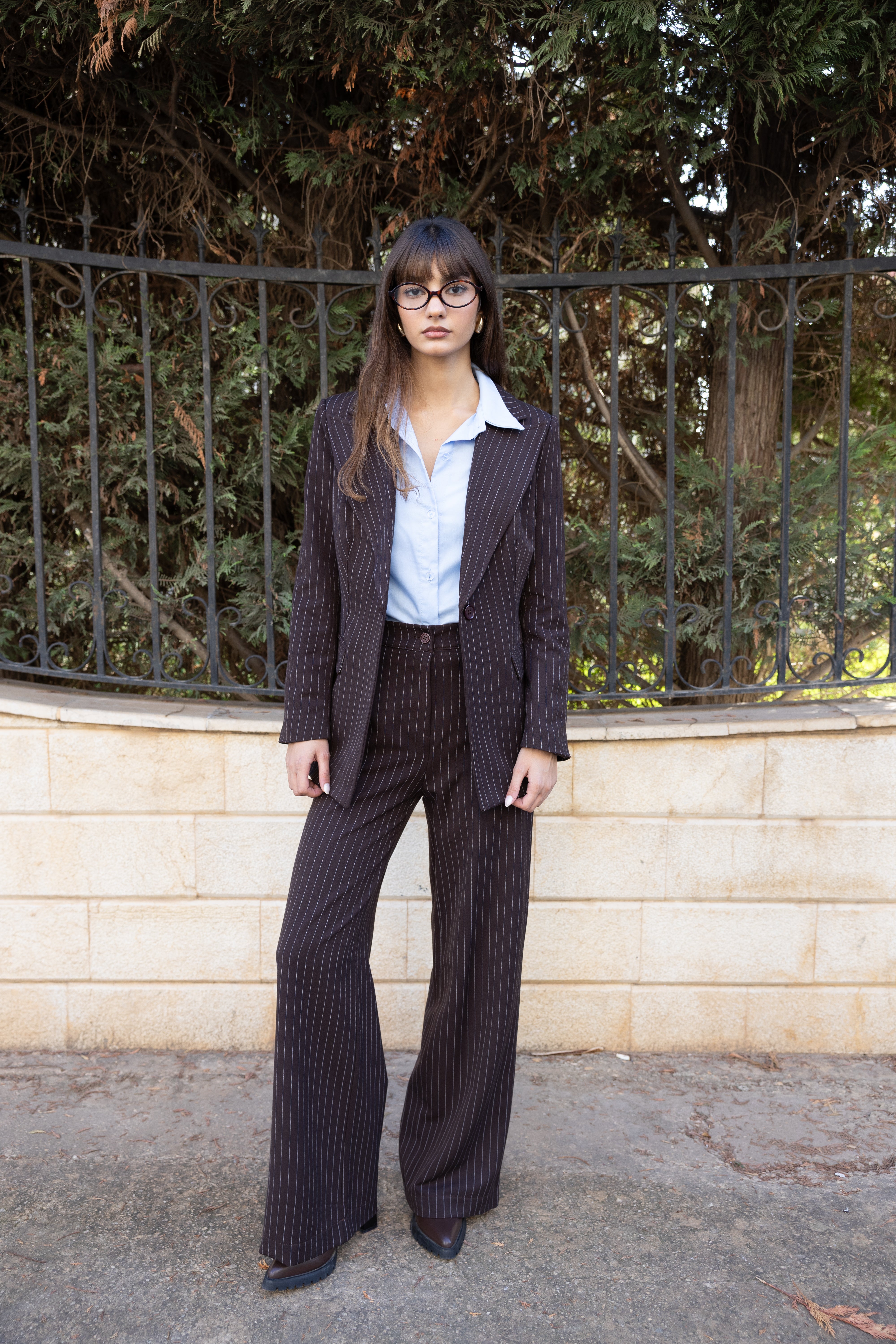 Pinstripe Blazer Suit - Brown