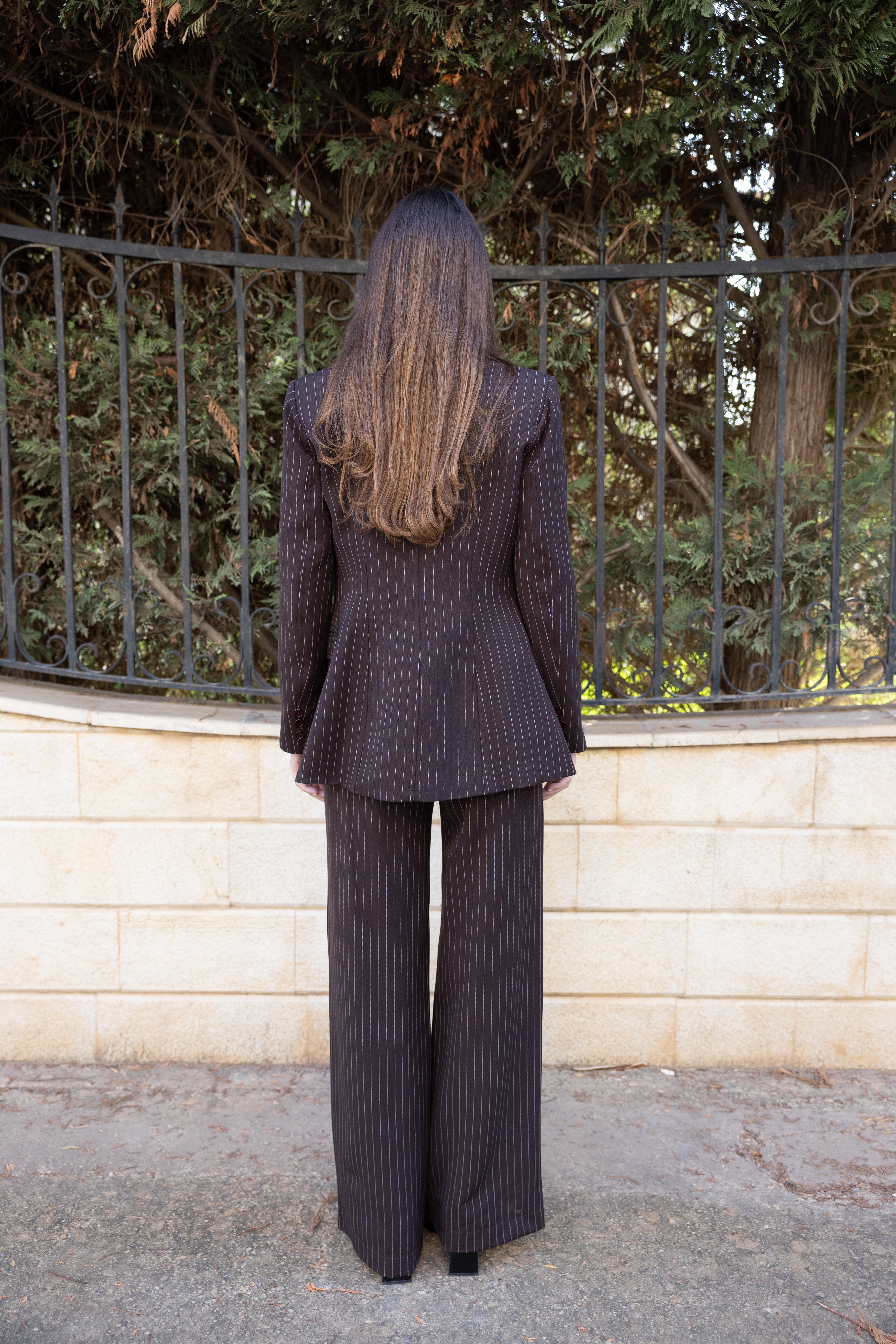 Pinstripe Blazer Suit - Brown